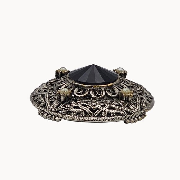 VTG Brooch Tacoa Signed Cabochon Black Rhinestone SilverTone Filigree Whimsygoth - Picture 3 of 12